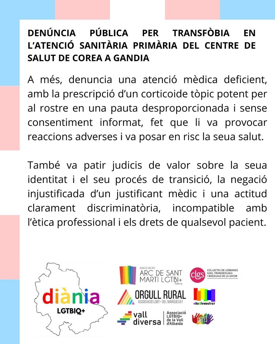 CLGS_SAFOR's tweet image. 🚨 DENÚNCIA PÚBLICA PER TRANSFÒBIA EN LA SANITAT PÚBLICA DE GANDIA 🚨

Una dona trans de Gandia, membre del col·lectiu CLGS, ha patit un greu cas de transfòbia institucional i possible negligència mèdica al Centre de Salut de Corea (Gandia).

#StopTransfòbia