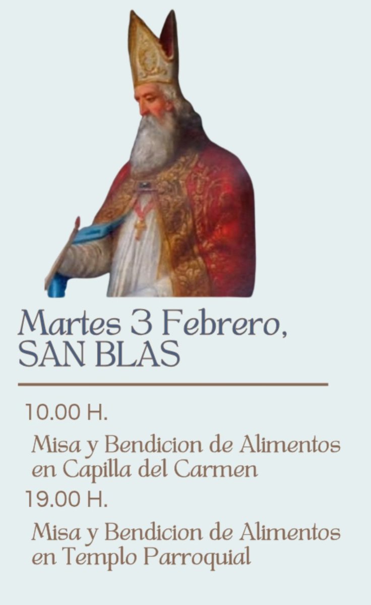 Hoy Día de San Blas, habra Eucaristías en Utebo por la mañana y por la tarde y en ambas, habrá Bendición de Alimentos para que el Santo nos proteja nuestras gargantas