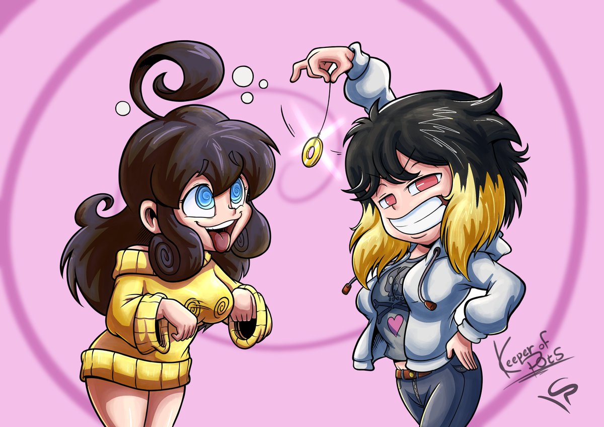 Hypno-tan being dommed by the not-too-commonly seen evil counterpart of Erika... Evilka! A character I believe was created by <a href="/EdgeOTM/">Edge 🟦@edgeotm.bsky.social</a> 

I got some help on this by the amazing Carlo Robb (
carlo-robb.bsky.social on Bluesky)
who colored this piece! It turned out amazing!