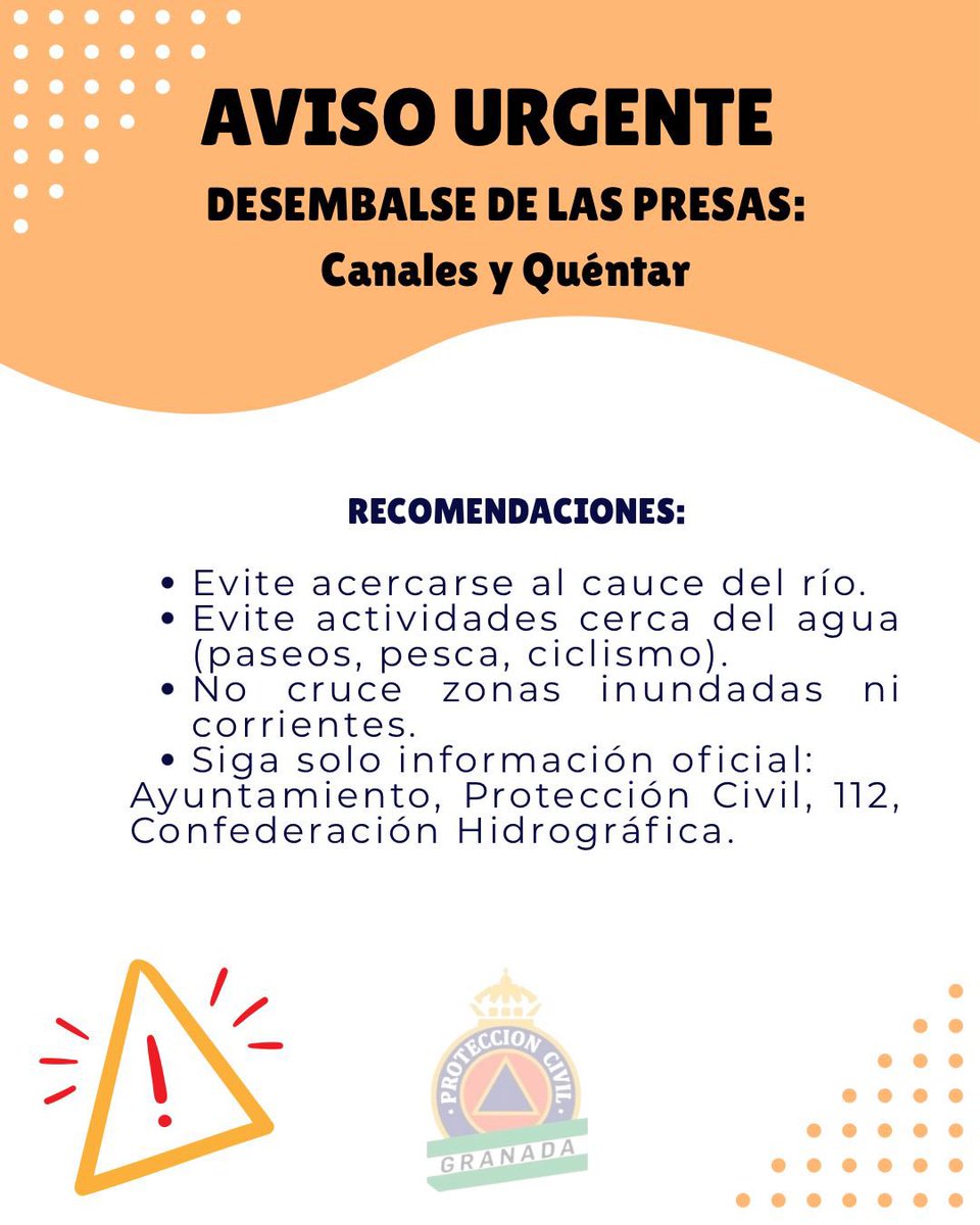 🚨 AVISO URGENTE 🚨
💧 Desembalse de las presas de Canales y Quéntar

⚠️ ¿Qué significa?⚠️

➡️ Se va a proceder a soltar agua desde las presas.
➡️ El nivel y la fuerza del río pueden aumentar de forma repentina.
➡️ Existe riesgo en riberas, caminos cercanos y zonas inundables.