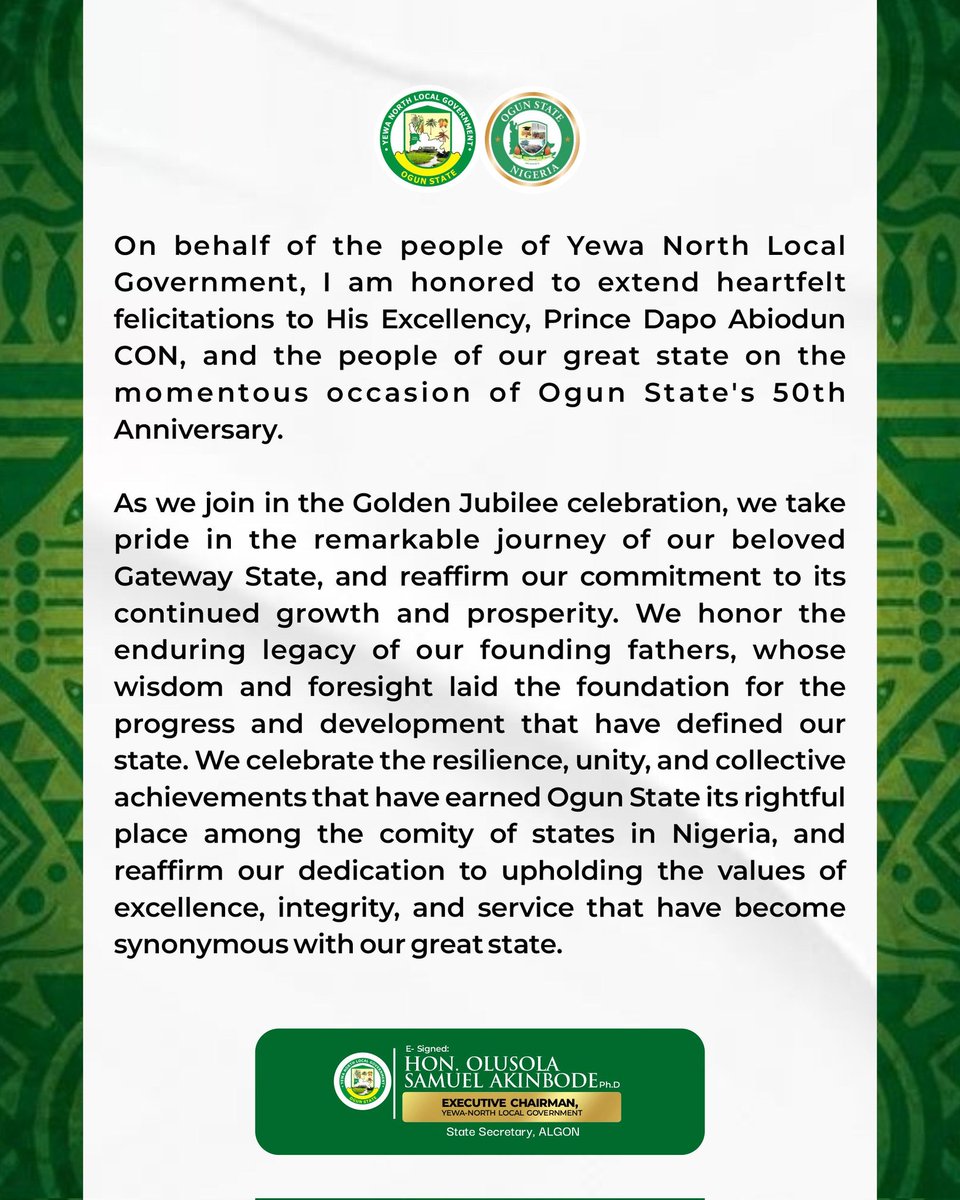 YEWA NORTH LOCAL GOVERNMENT CELEBRATES OGUN STATE 50TH ANNIVERSARY