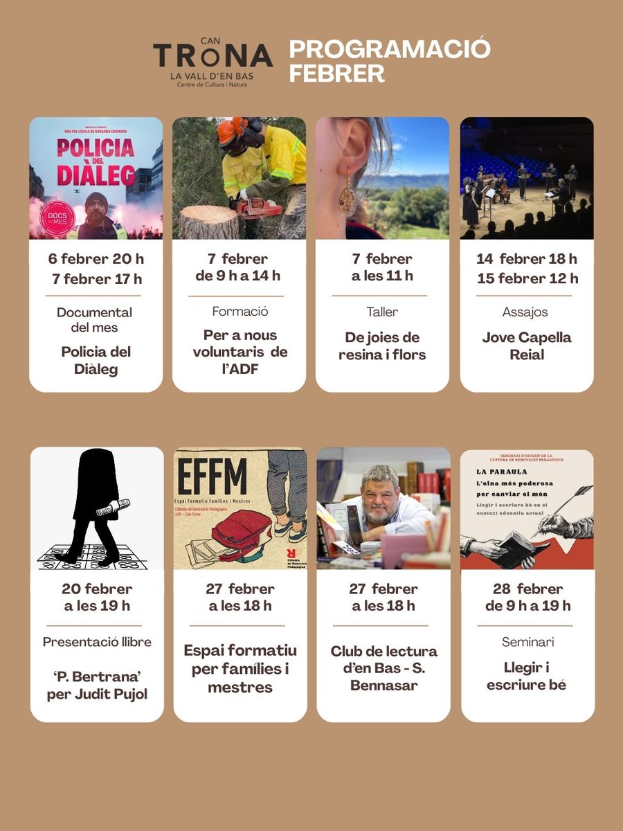 💥 Programació Febrer a Can Trona 💥

Aquest febrer, <a href="/CanTronaCCN/">CAN TRoNA</a> t’espera! 🙌Un mes per mirar, aprendre i crear a la Vall d’en Bas. Cap de setmana rere cap de setmana, cultura, natura i comunitat es donen la mà 🌱

#CanTrona #FebrerACanTrona #CulturaVallDenBas #CulturaViva