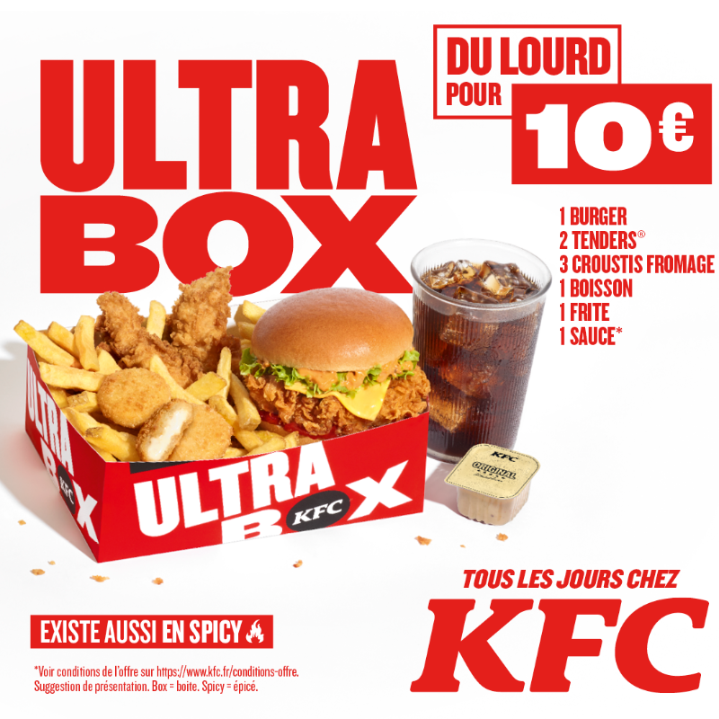 KFCFrance's tweet photo. Ultra Box : burger, poulet et frites pour seulement 10€.
