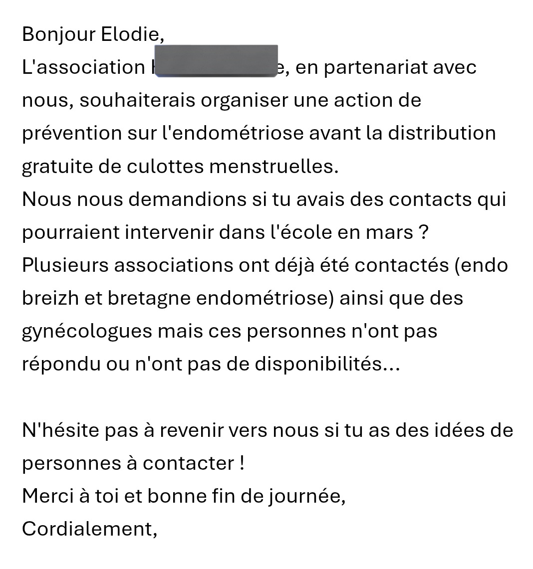 Hello la team, j'ai encore besoin de vous !

Avez-vous des contacts qui seraient partants pour une intervention dans un établissement d'enseignement supérieur en Bretagne, sur le sujet de l'endométriose ?

Merci 🙏🙏🙏