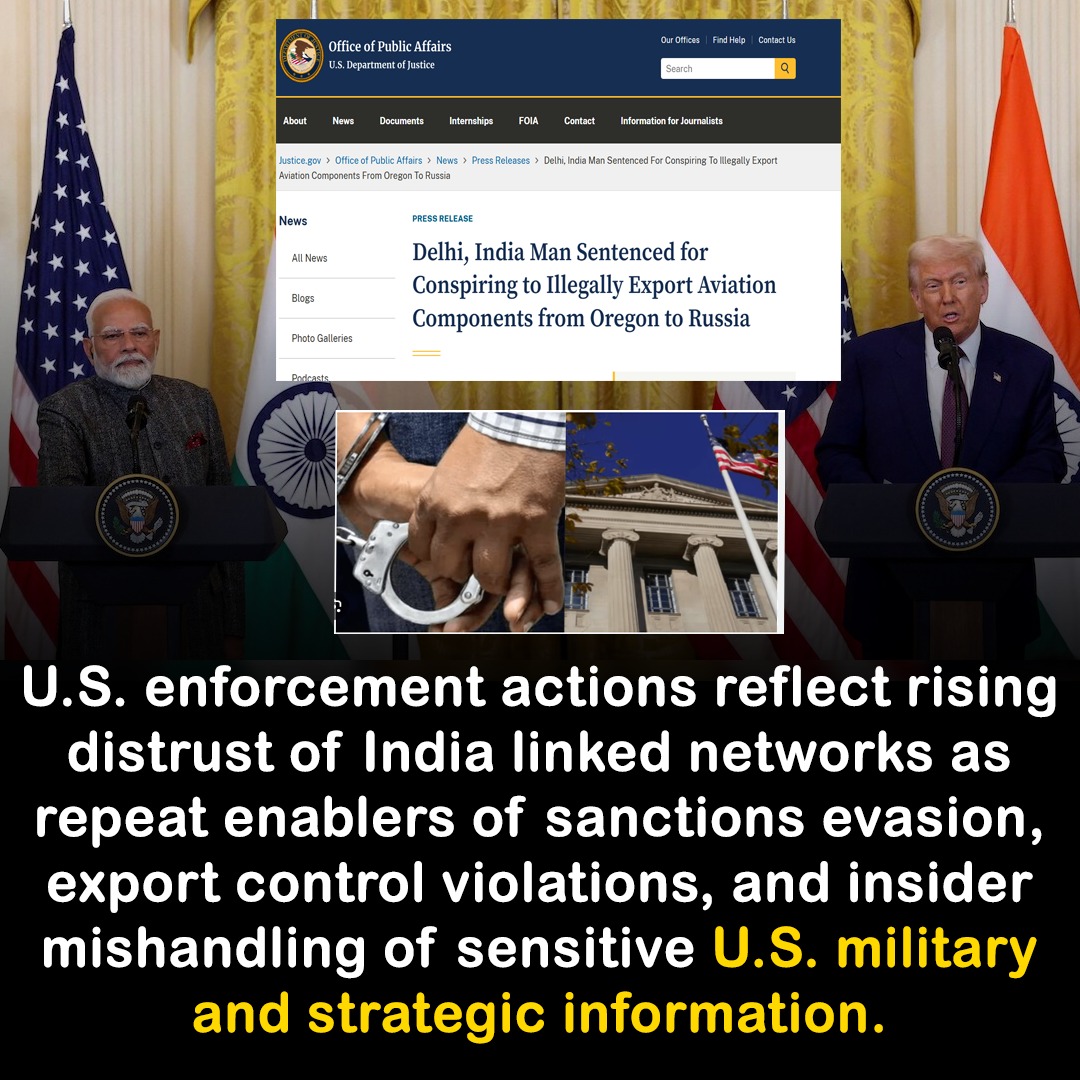 Thearcanum02's tweet image. An Indian businessman, Sanjay Kaushik, has been sentenced in the US for illegally sending sensitive American aviation and navigation technology to Russia. The case highlights growing US scrutiny of India-linked re-export networks bypassing sanctions. #ExportControls #USJustice