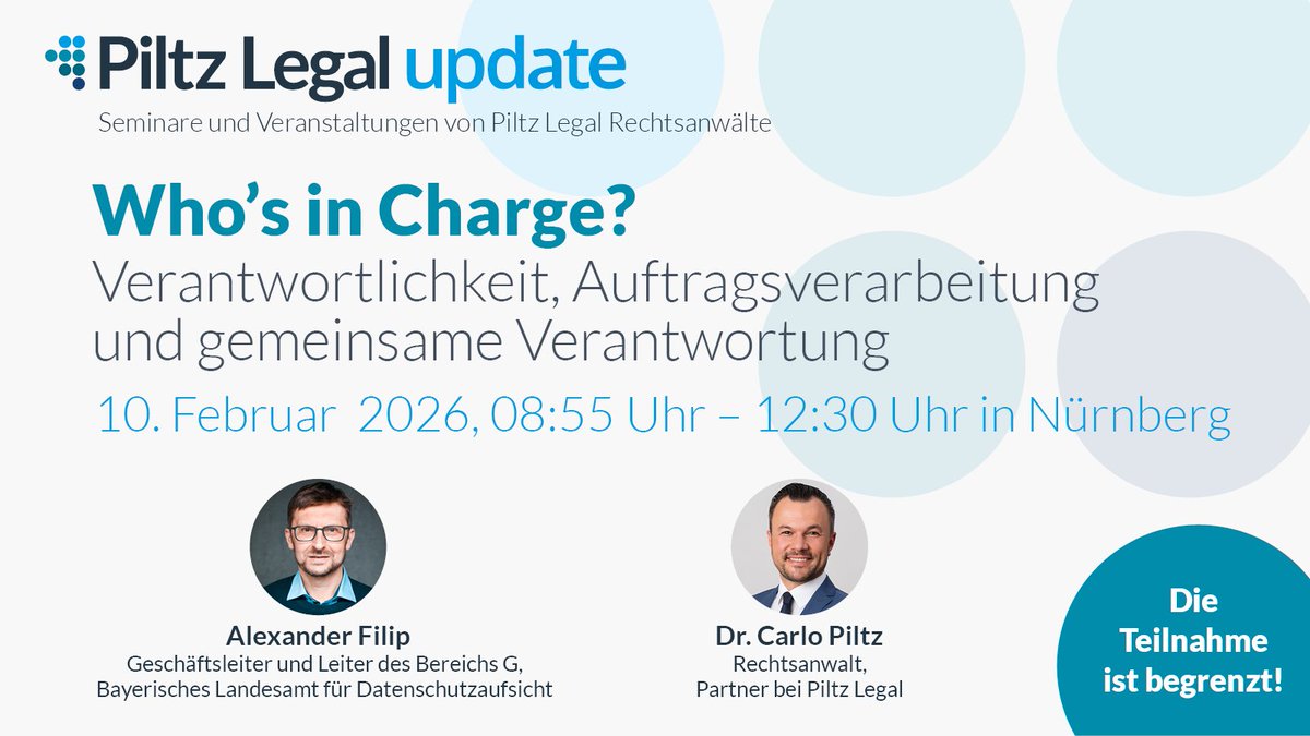 CarloPiltz's tweet image. 𝗦𝗲𝗺𝗶𝗻𝗮𝗿: 𝗪𝗵𝗼’𝘀 𝗶𝗻 𝗖𝗵𝗮𝗿𝗴𝗲? – 𝗩𝗲𝗿𝗮𝗻𝘁𝘄𝗼𝗿𝘁𝗹𝗶𝗰𝗵𝗸𝗲𝗶𝘁, 𝗔𝘂𝗳𝘁𝗿𝗮𝗴𝘀𝘃𝗲𝗿𝗮𝗿𝗯𝗲𝗶𝘁𝘂𝗻𝗴 𝘂𝗻𝗱 𝗴𝗲𝗺𝗲𝗶𝗻𝘀𝗮𝗺𝗲 𝗩𝗲𝗿𝗮𝗻𝘁𝘄𝗼𝗿𝘁𝘂𝗻𝗴 - 𝟭𝟬. 𝗙𝗲𝗯𝗿𝘂𝗮𝗿 𝟮𝟬𝟮𝟲

Anmeldung: piltz.legal/events/who-s-i…
#DSGVO #Datenschutz