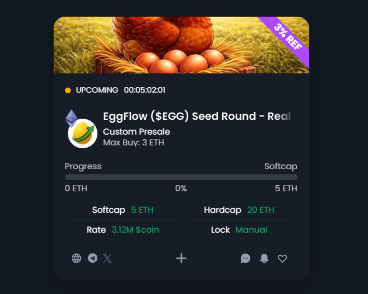 The seed round for <a href="/RealEggFlow/">Egg Flow</a> starts today 2pm UTC on <a href="/ethereum/">Ethereum</a> network 👇
gempad.app/presale/0x2E81…

EggFlow is a real world project building commercial egg farms. Capital raised via a token launch is used for farm construction and operations. 🥚

We wish the team the best of