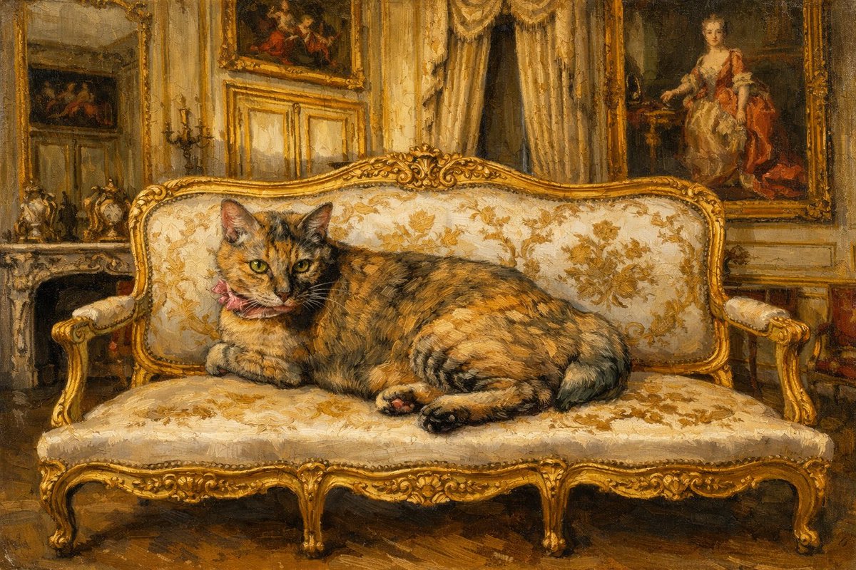 猫ちゃんの写真（背景がイケてない）の背景をまずGeminiでロココ調に