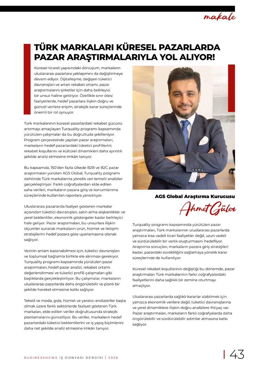 #Businessnews dergisinde kurucumuz <a href="/ahmetguler_/">Ahmet Güler</a>, #globalpazararaştırmaları ve #turquality hakkında etkili bir makale kaleme aldı. Keyifli okumalar ✂  ✏