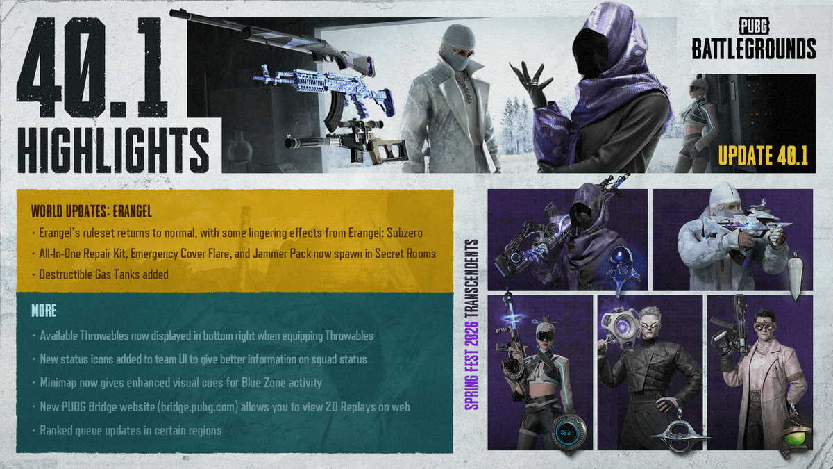 Update 40.1 is coming soon.
Discover the traces left by Sub-Zero and the new test subjects.
The Spring Fest 2026 awaits.

#PUBG #SpringFest2026