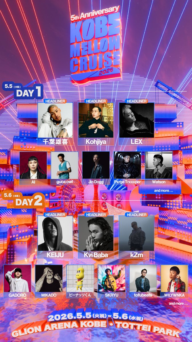 【HEADLINER6組と2nd LINEUPを一挙解禁！】

<DAY1>
HEADLINER: 
千葉雄喜 <a href="/yukichiba_info/">千葉雄喜 公式 info</a> 
Kohjiya 
LEX <a href="/LEX_official_z/">LEX Official</a> 

AI <a href="/micaholic1981/">Ai</a> 
guca owl <a href="/guca_official/">guca owl (グカール)</a> 
Jin Dogg 
Pxrge Trxxxper <a href="/PxrgeTr3xper/">Pxrge Trxxxper</a> 
Watson <a href="/imwatoson/">Watson</a> 
and more...

▶ eplus.jp/kmc/