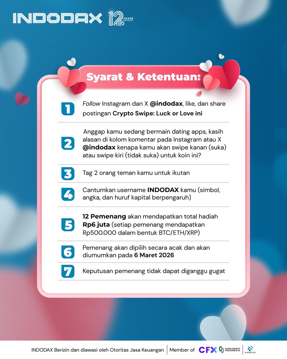 indodax's tweet photo. Lagi cari "jodoh" di bulan kasih sayang? Gimana kalau jodohnya aset kripto saja? Yuk, seru-seruan bareng lewat Crypto Swipe: Luck or Love?

Bayangkan kamu lagi main dating apps. Di depan kamu ada aset kripto pilihan BTC. Kamu bakal Swipe Right (Suka) atau Swipe Left (Gak Suka)? Kasih tahu alasannya yang paling unik, gokil, atau romantis buat dapetin hadiah total Rp6 juta buat 12 orang pemenang sesuai kripto pilihannya (BTC/ETH/XRP)

Ikuti syarat ketentuan lainnya di slide 2 ya 

Jangan ketinggalan momen seru ini. Siapa tahu, keberuntungan cinta ada di pihakmu bulan ini!