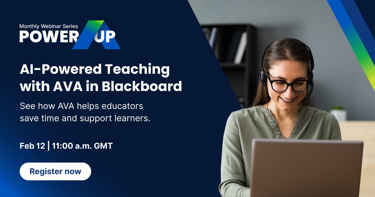 Blackboard's tweet image. AI should make teaching easier, not more complicated.

Join our Power UP webinar to explore how AI-Powered Virtual Assistant (AVA) in #Blackboard is helping instructors save time, improve communication with learners, and build confidence using #AI.

🔗 hubs.ly/Q041swqy0