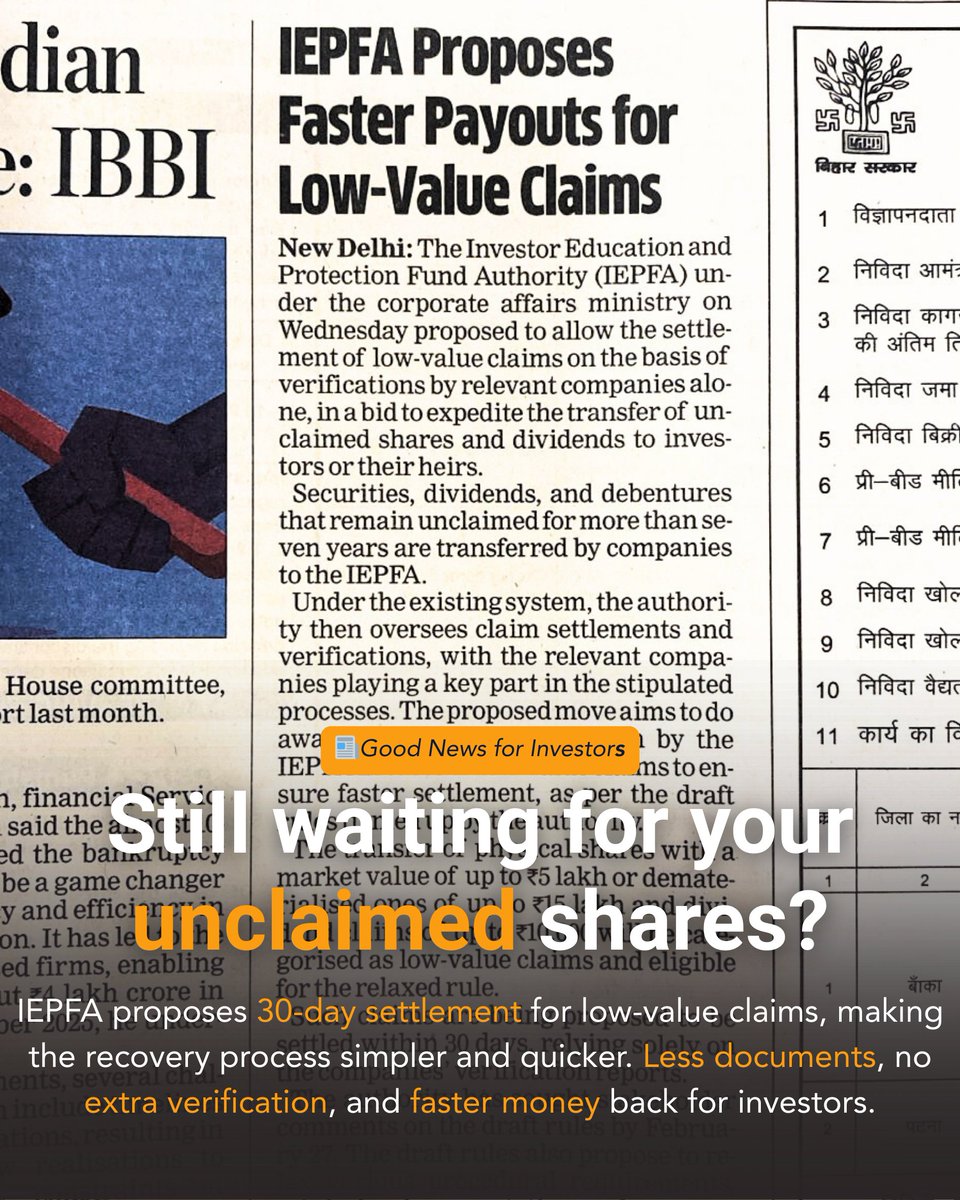GlcWealth's tweet photo. Still waiting for your unclaimed shares?

Good news! IEPFA proposes 30-day settlement for low-value claims, making shares recovery faster and simpler for investors and NRIs: fewer documents, less verification, and quicker payouts from IEPF. https://t.co/Vf6LWkOoWq
