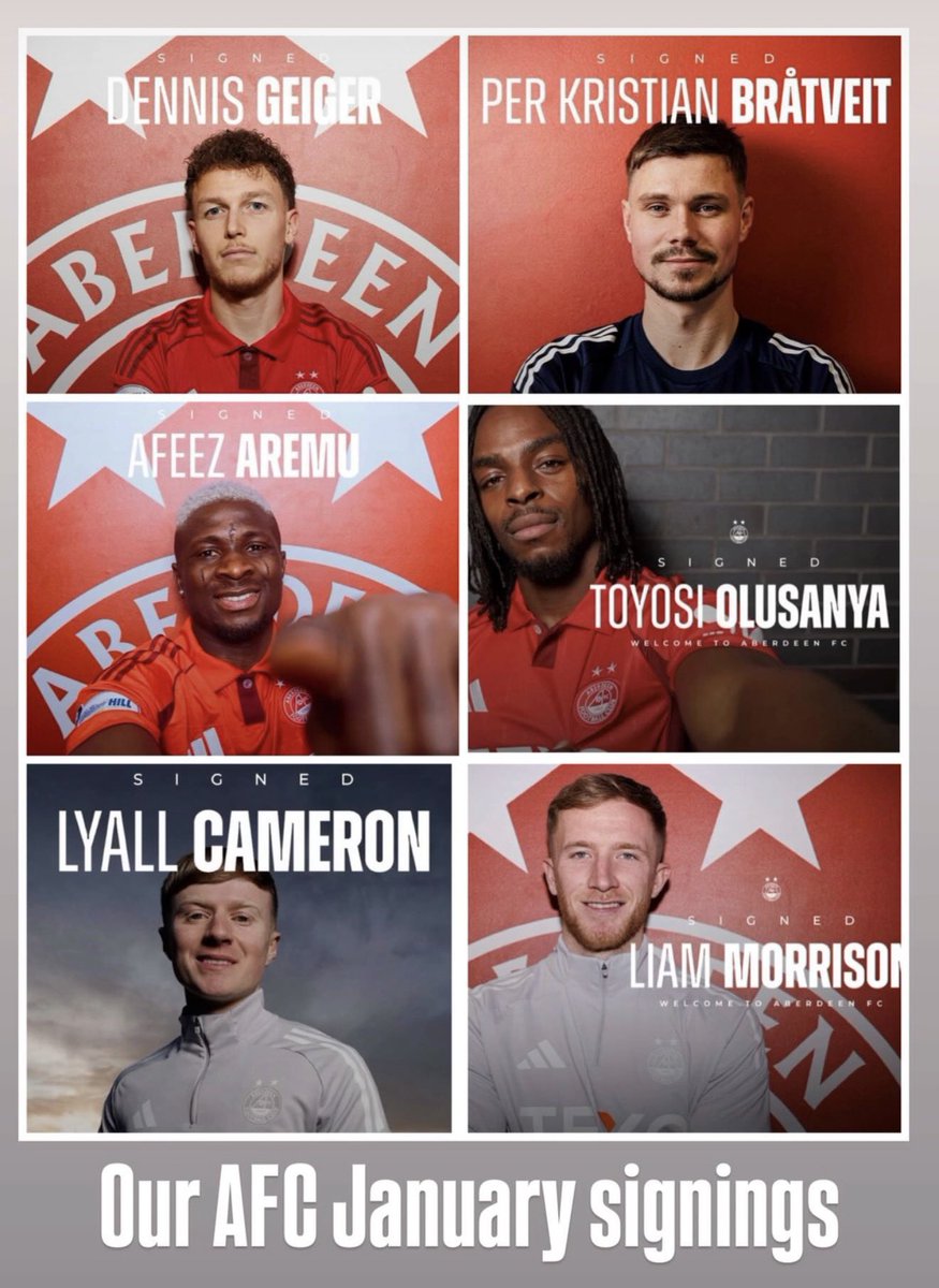 isc_afcsuppclub's tweet photo. Our new January signings - let’s get behind them and not write anyone off too quickly !!⭐️⭐️🔴⚪️⚽️
#aberdeen #inverurie #redarmy #dandies #COYR dandydons standfree pittodrie @aberdeenfc afc football scottishcupwinners https://t.co/bkWLXDyrlJ