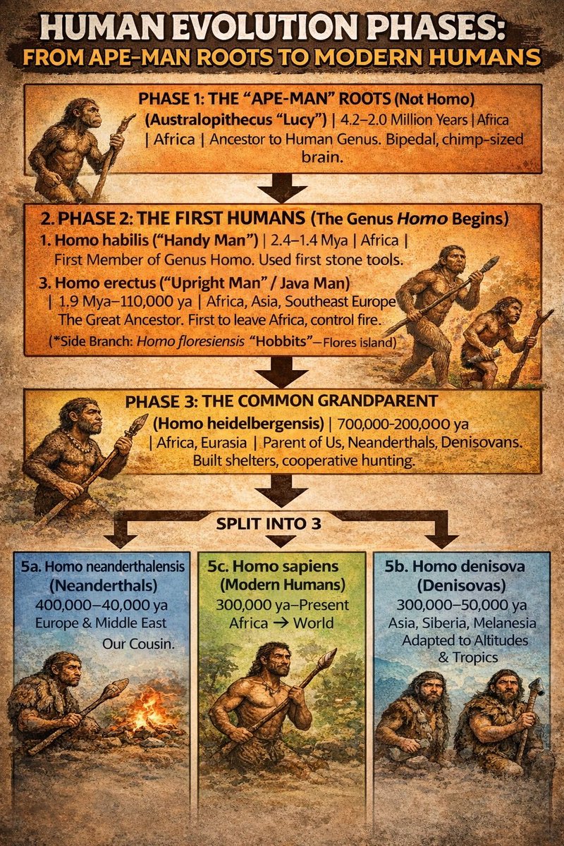 Banyak yang nanya, 
terus bagaimana dengan penemuan fosil2 di Jawa dan Flores? Fosil2 tersebut bukanlah nenek moyang manusia (Homo Sapiens) Indonesia modern, tapi species berbeda yaitu Homo Erectus dan Homo Denisovans
Homo Erectus datang lebih dulu sekitar ~2 juta tahun lalu ke