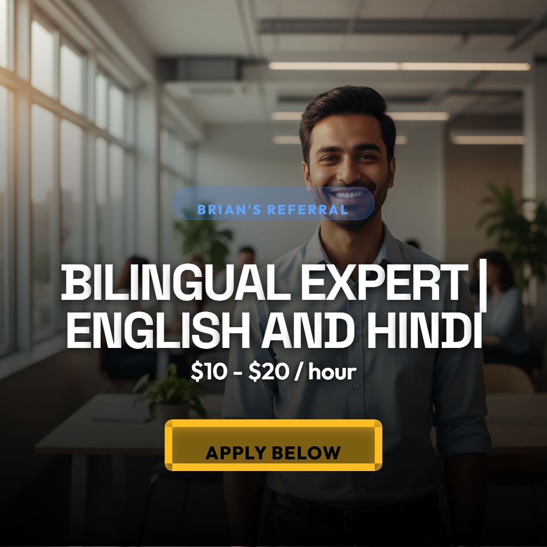 brianitumo's tweet photo. 🚨 I'm referring for: Bilingual Expert | English and Hindi

💰 Pay: $10 - $20 / hour
✨ Status: 49 hired this month
✅ Global, Remote, Fast-Track Hiring

Apply directly

🔗 Apply here: https://t.co/SqADkGpUaV

#Bilingual #Hindi #Translation #RemoteWork #Hiring #CareerChange https://t.co/veZZWcsbq9