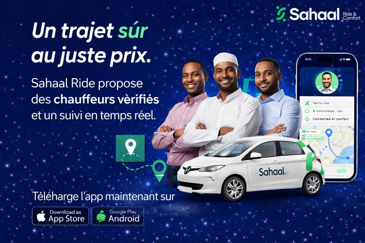 Un trajet sûr, au juste prix.
Localisation partagée, bouton sécurité, chauffeurs contrôlés.
Sahaal Ride veille sur chaque trajet.
Télécharge l’app et teste par toi-même.
play.google.com/store/apps/det…
#SahaalRide #Mobilité #Sécurité #Innovation #Djibouti