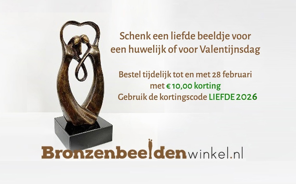 MAAND VAN DE LIEFDE! Ontvang € 10,00 korting op een liefdes kado beeldje voor Valentijn bijvoorbeeld of voor een huwelijk. Gebruik de code LIEFDE2026
Meer informatie: bronzenbeeldenwinkel.nl/c-4656192/kort…

Geldig t/m 28 februari. #ValentinesDay2026  #valentijn #valentijnsdag2026