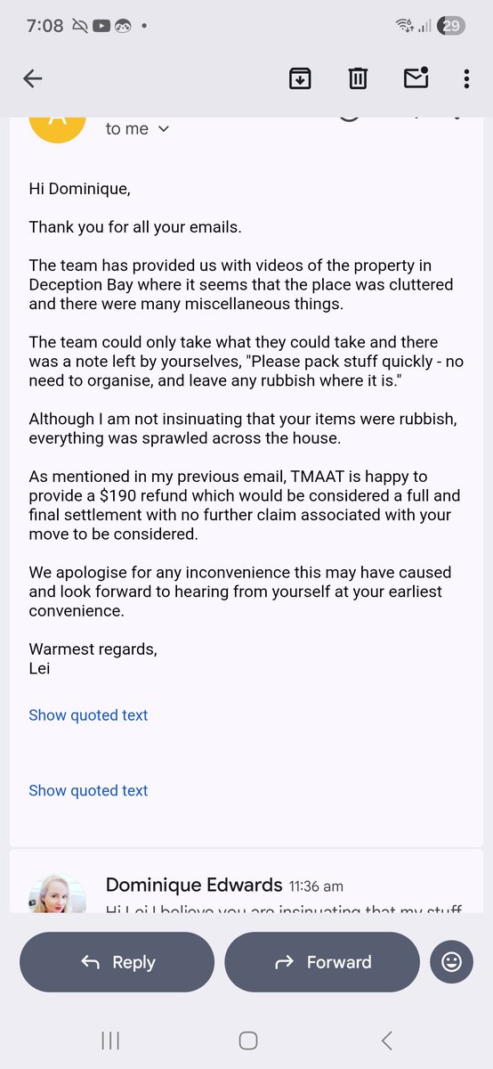 Real_DominiqueE's tweet photo. @TwoMenAustralia  this is an email response I got after explaining that workers didn't pack knives properly, that boxes from rooms were mixed together for no reason, the bathroom wasn't even packed and we had to go back and do it and they left pictures on the walls. https://t.co/Uy3DYjmgWO