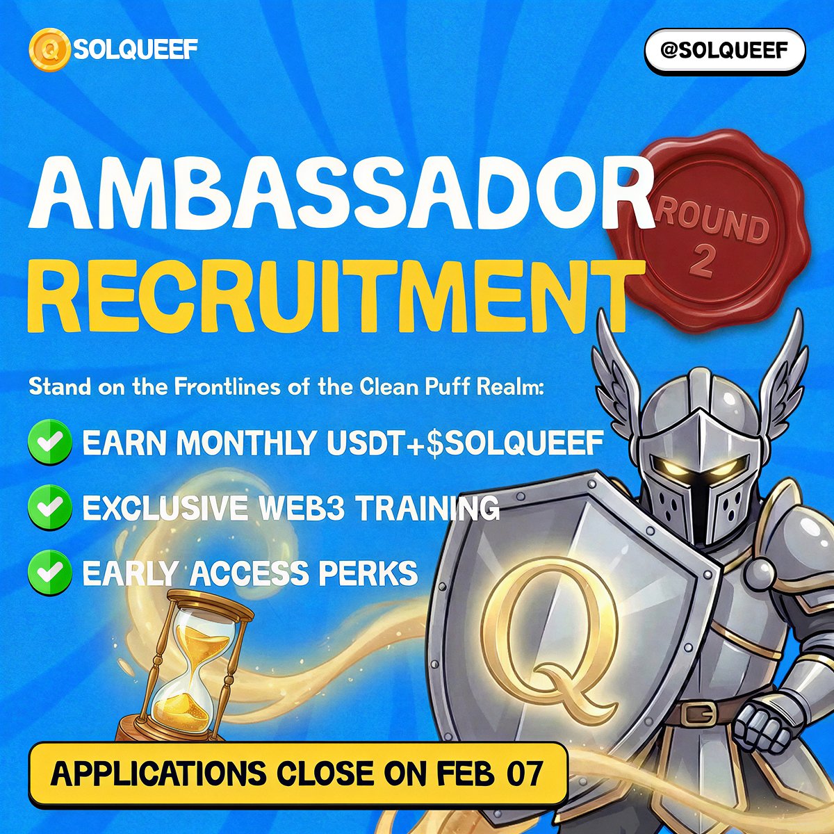 cleanpuffio's tweet photo. ๐ The Empress of Puff Calls Again ๐
Round 1 was a success.
Now Round 2 is open
โ๏ธ Become a Ambassador and:
* Earn monthly rewards in USDT + $SOLQUEEF
* Unlock Web3 training and early access opportunities
* Stand on the frontlines of the Clean Puff Realm
๐ Apply here:
https://t.co/jLIW7pIrSG
โฐ Applications close on Feb 7
#Web3 #CryptoAmbassador #CryptoJobs #AmbassadorProgram #DeFi #Solana #SolanaEcosystem #Web3Community #CleanPuffRealm