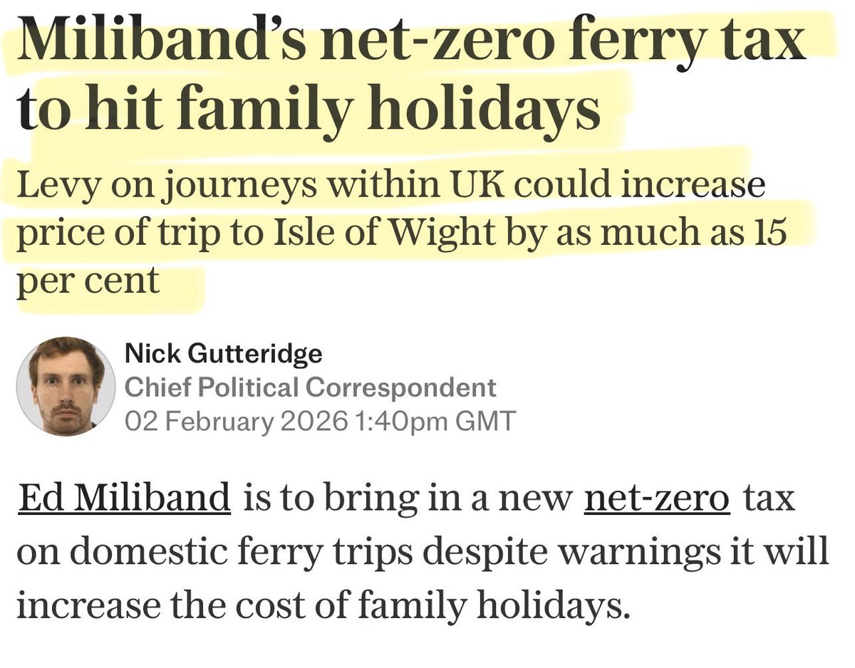 Artemisfornow's tweet photo. Ed Miliband wants a Net Zero tax on all domestic ferry trips which could increase prices by 15%

In case you didn’t know, net zero taxes just go straight into treasury coffers! Very rarely are the ring fenced for ‘green’ projects.

So basically it’s just more tax, it will do nothing to ‘save the planet’ or lower emissions.

Such a con.