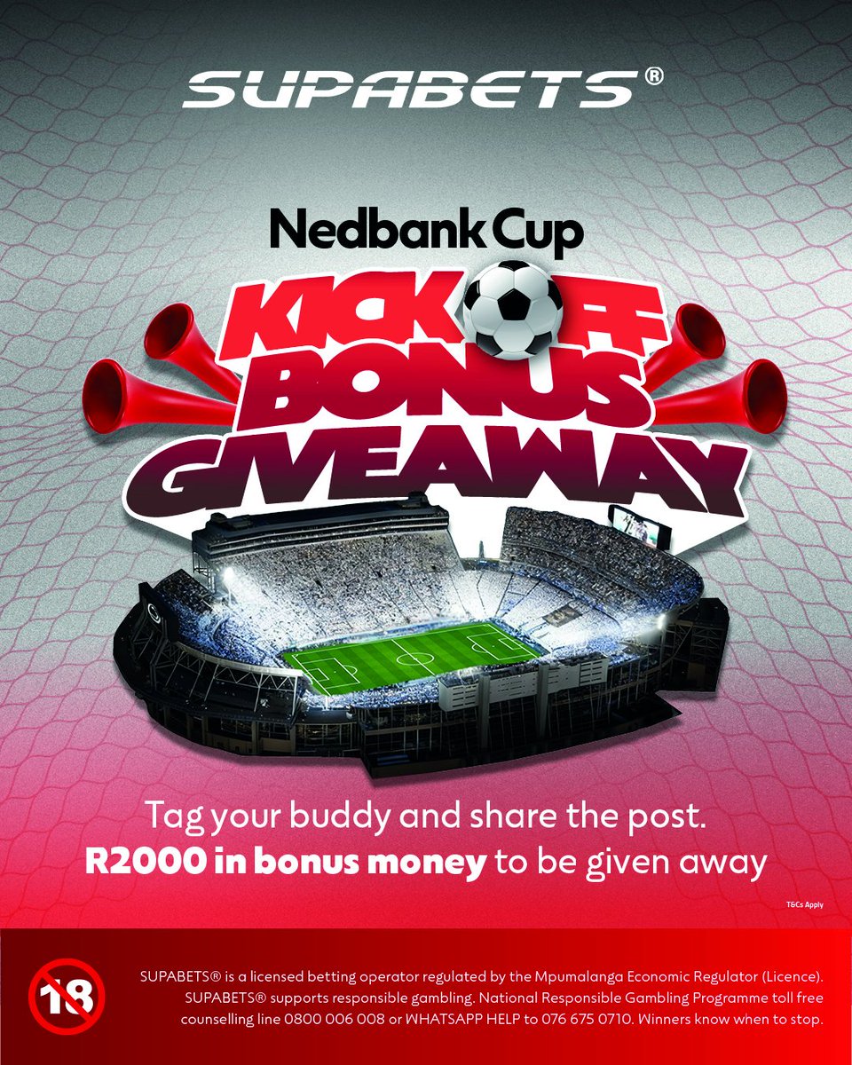 ⚽ NEDBANK CUP KICK OFF GIVEAWAY! ⚽
We’re kicking things off with R2,000 in bonus money up for grabs! 💸
How to enter 👇
1️⃣ Share this post
2️⃣ Tag a friend you want to WIN with 🎉

18+ | Bet Responsibly | T&amp;Cs Apply