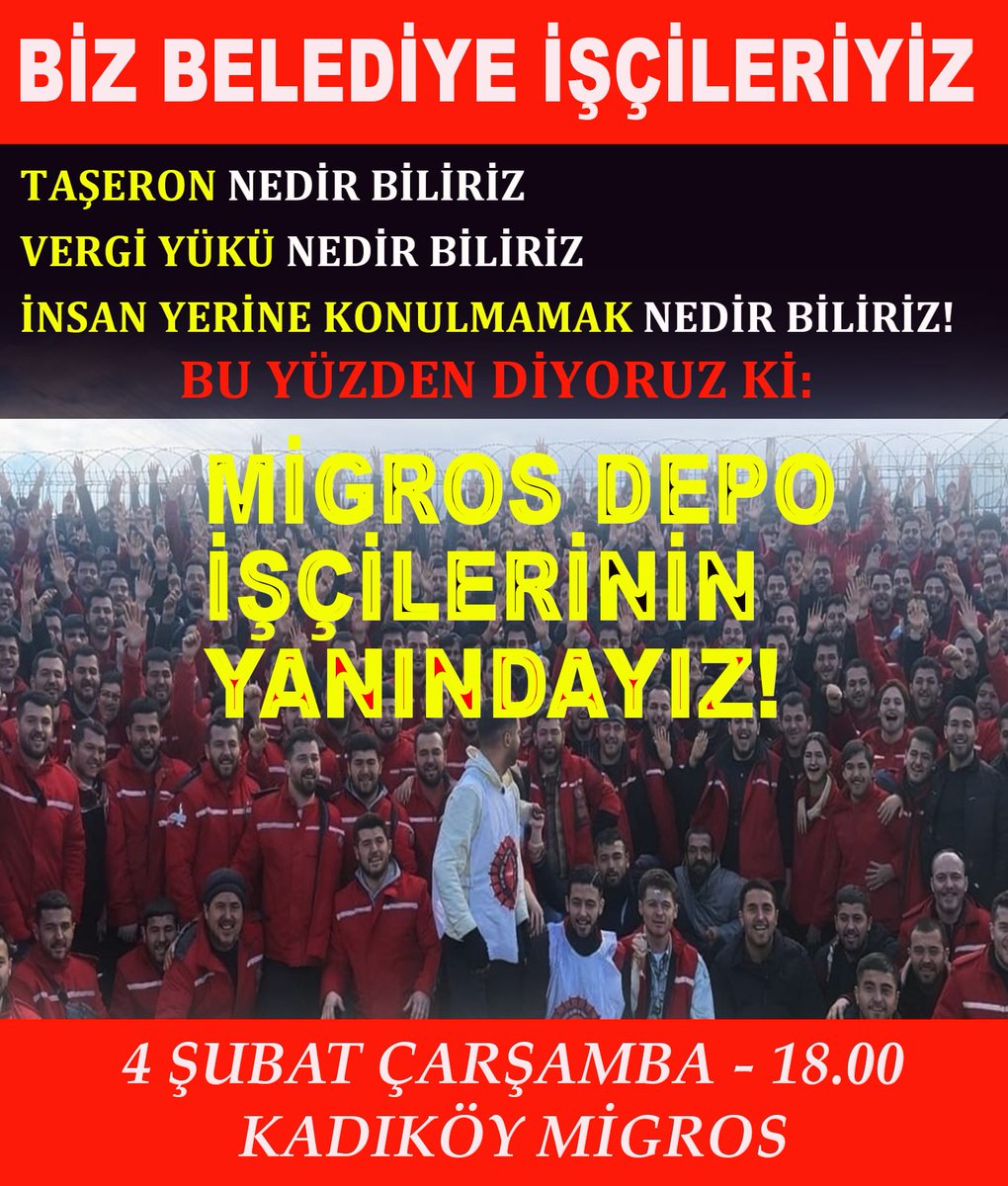 Bizler, Belediye işçileri olarak, emeğine ve hakkına sahip çıkan Migros Depo  işçisi arkadaşlarımızla dayanışma içindeyiz.

Dayanışma, biz işçilerin en güçlü yanıdır. Hiçbir emekçi yalnız değildir.

Destek vermek isteyen tüm arkadaşlarımızı

📍 Kadıköy Migros önü ( Kalkhedon