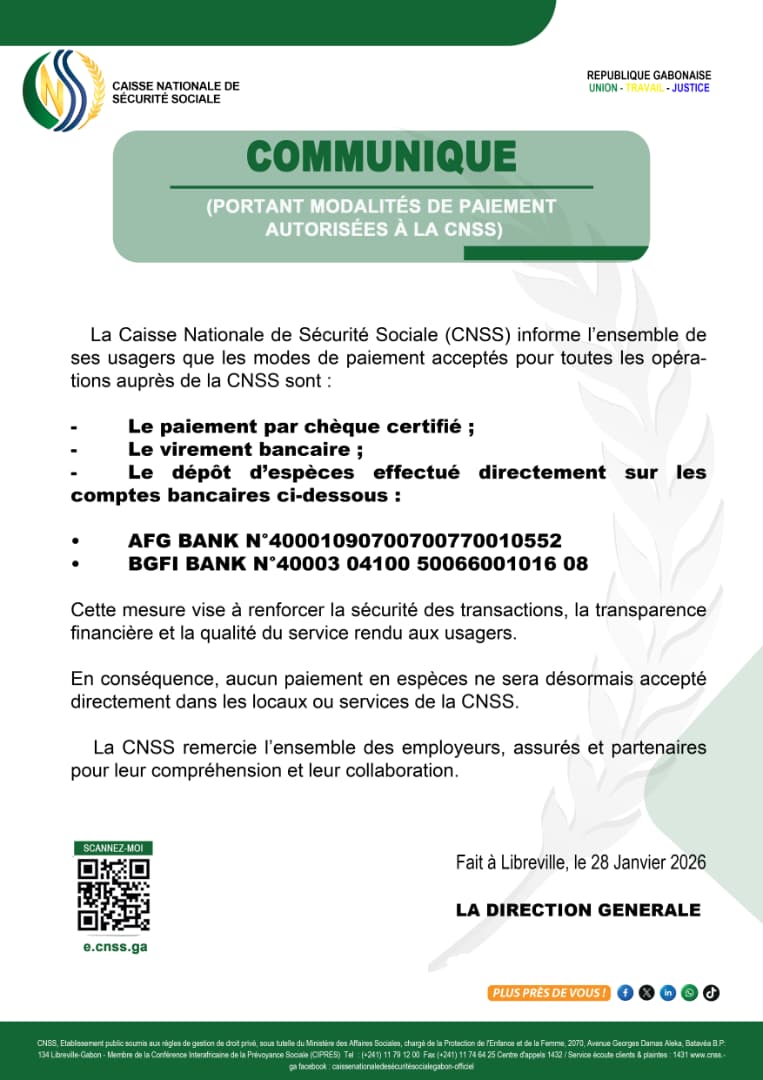 🔴COMMUNIQUE CNSS : Portant modalités de paiement autorisées à la CNSS
Suivez l'actualité de la 𝐂𝐍𝐒𝐒 à travers nos différentes plateformes online