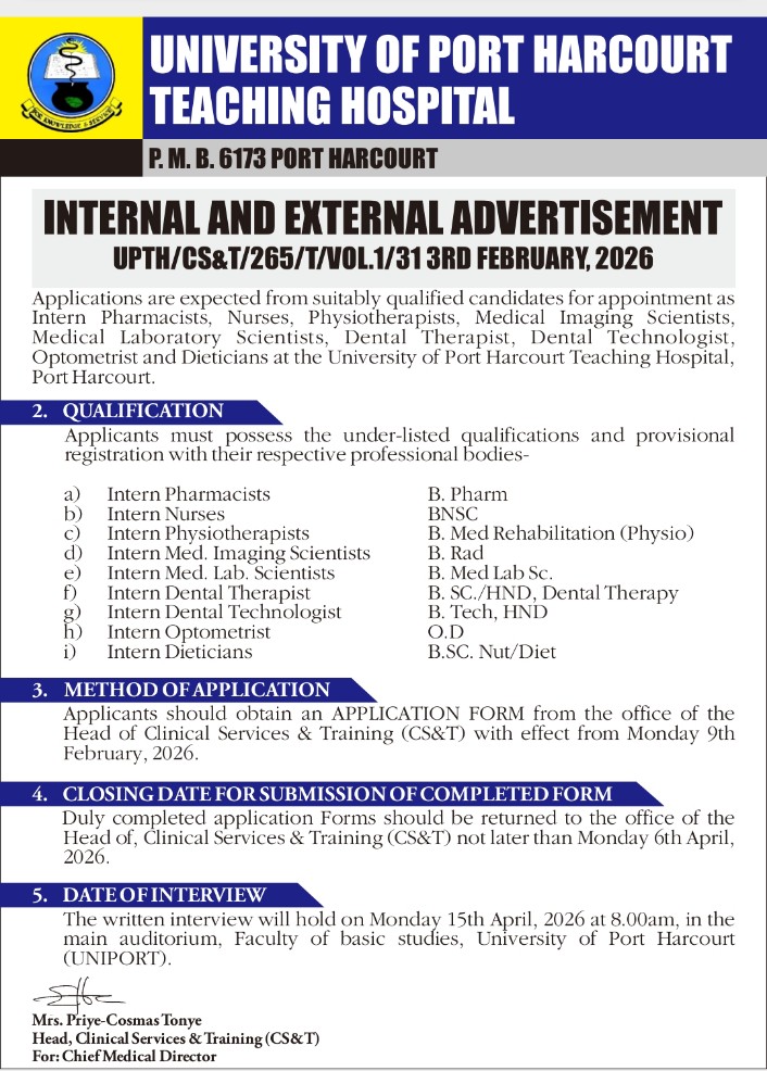 UPTH INTERNSHIP ALERT! 

Nursing, Pharmacy, Medical Lab, Physio, Imaging, Dental, Optometry &amp; Dietetics.

📅 Apply: 9 Feb – 6 April 2026
📝 Interview: 15 April 2026

Tag someone 👇 | Repost widely 🔁