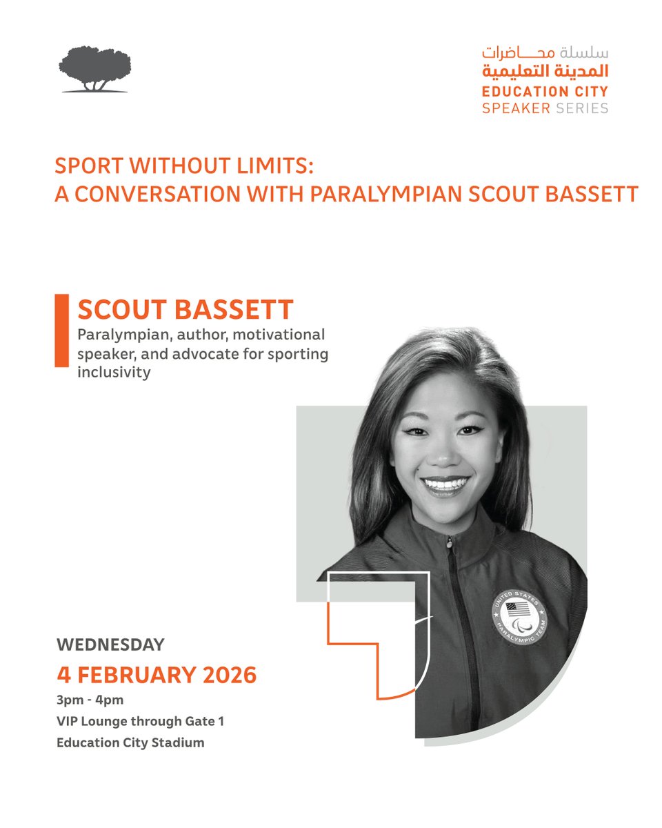 QF's tweet photo. Join Paralympian Scout Bassett for our next #ECSpeaker Series, "Sport Without Limits" on Wednesday, February 4th, 3pm - 4pm at Education City Stadium.

Visit https://t.co/8Fz03Rbp83 to learn more. https://t.co/X64goe9IeR