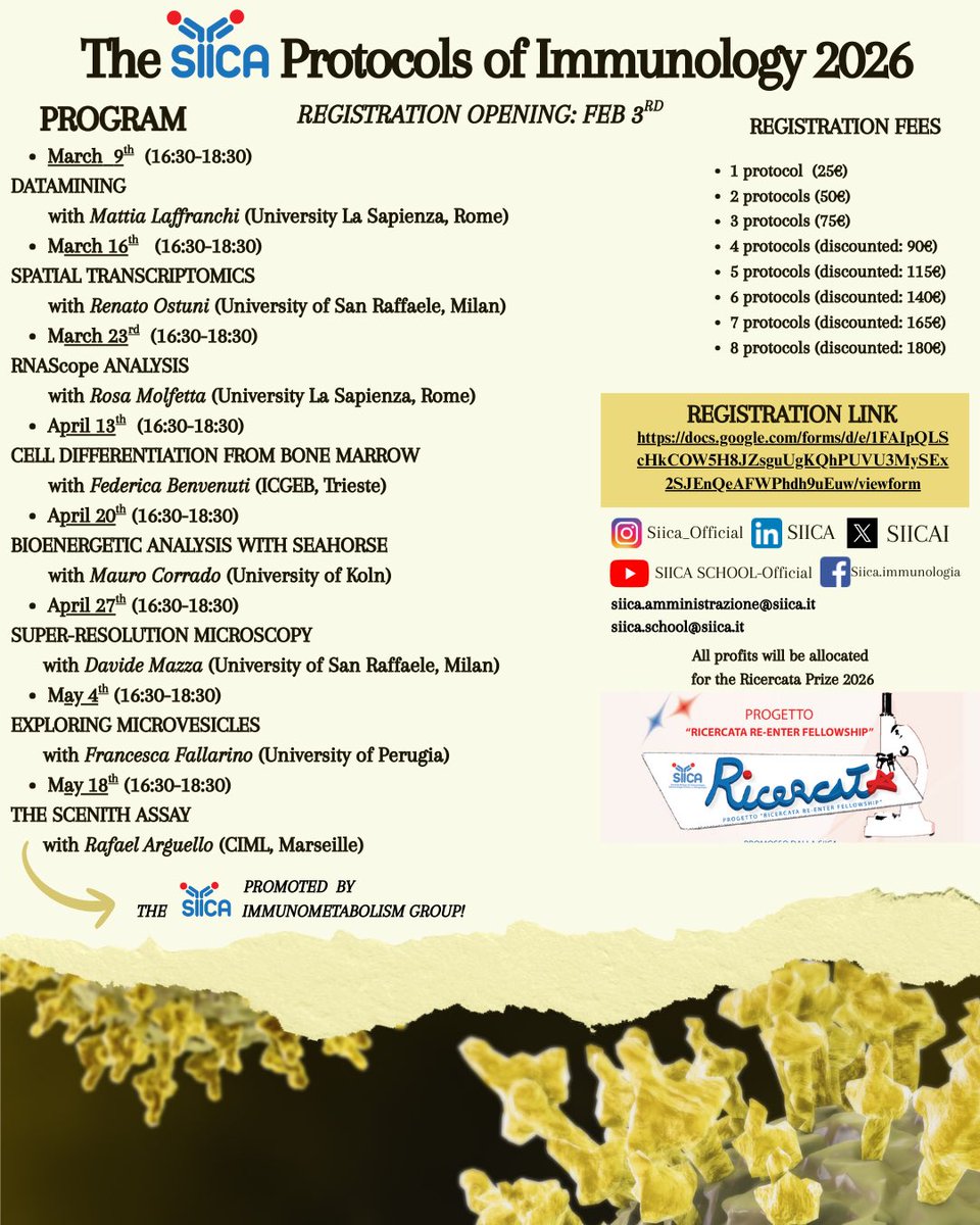 SiicaI's tweet photo. The second edition of the SIICA Protocols of Immunology is here!
8 different sessions dedicated to molecular and cellular immunology assays, bioinformatics and in vivo techniques, held by SIICA experts!
Registration openings today! https://t.co/HmumIeNJLX