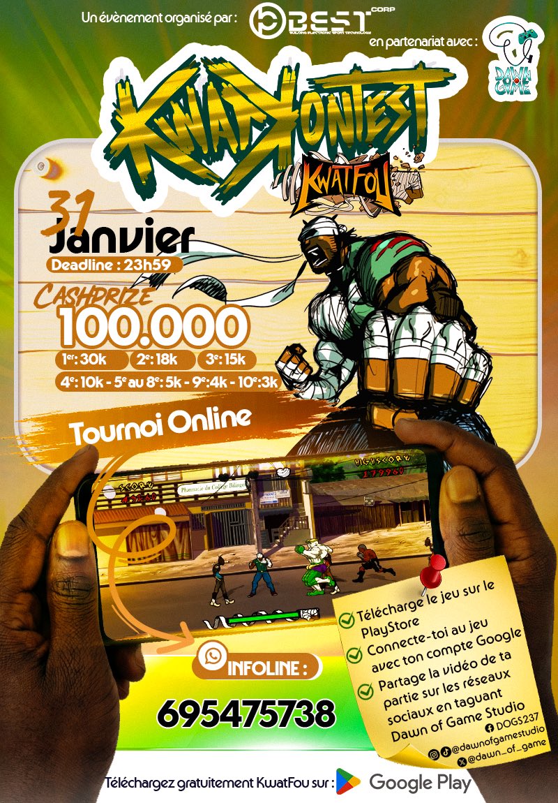 [KWAT KONTEST]

Gamers &amp; Passionnés d’e-Sports 🕹️

NOUS AVONS DE NOUVEAUX BOSS AU KWAT 🥇🏆

Résultats du Online Kontest Janvier 2026
Une Expérience Compétitive De Plus en Plus Accrue 🔥✨

GG AUX PARTICIPANTS &amp; RDV POUR LA PROCHAINE SESSION DU KWAT KONTEST 📱🌐

#EsportsInAfrica