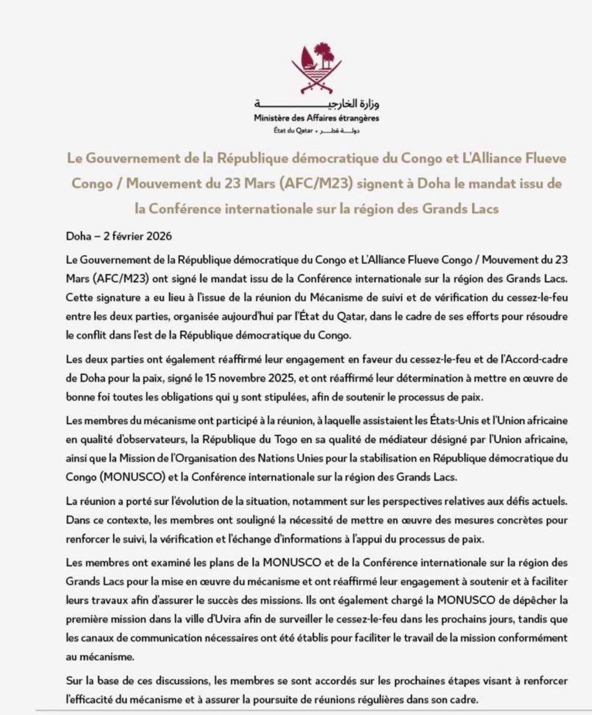 𝗥𝗗𝗖🇨🇩 : 𝗟𝗲 𝗚𝗼𝘂𝘃𝗲𝗿𝗻𝗲𝗺𝗲𝗻𝘁 𝗥𝗗𝗖 &amp; 𝗹’𝗔𝗙𝗖/𝗠𝟮𝟯 𝗼𝗻𝘁 𝘀𝗶𝗴𝗻𝗲́ 𝗹𝗲 𝟮 𝗳𝗲́𝘃 𝗮̀ 𝗗𝗼𝗵𝗮 𝗹𝗲 𝗺𝗮𝗻𝗱𝗮𝘁 𝗶𝘀𝘀𝘂 𝗱𝗲 𝗹𝗮 𝗖𝗼𝗻𝗳𝗲́𝗿𝗲𝗻𝗰𝗲 𝗿𝗲́𝗴𝗶𝗼𝗻 𝗚𝗿𝗮𝗻𝗱𝘀 𝗟𝗮𝗰𝘀 :

▶️Observateurs : 🇺🇸 USA, UA, 🇹🇬 Togo, MONUSCO🇺🇳
▶️ Kinshasa et