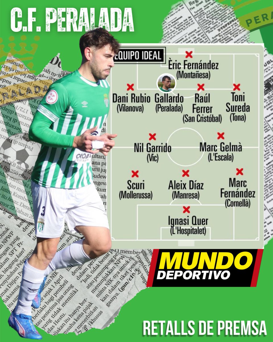 CFPeralada's tweet image. 𝗥𝗲𝘁𝗮𝗹𝗹𝘀 𝗱𝗲 𝗽𝗿𝗲𝗺𝘀𝗮 🗞️💚

🌟 L'XI de la jornada a la #3RFEF 🌟

👏 Carles Gallardo (@CarlesGallardo5 ), escollit pel @mundodeportivo  entre els millors de la jornada!

#CFPeralada #cfpmundodeportivo #ForçaPeralada #SomXampanyers #FutbolCat 💚⚔️