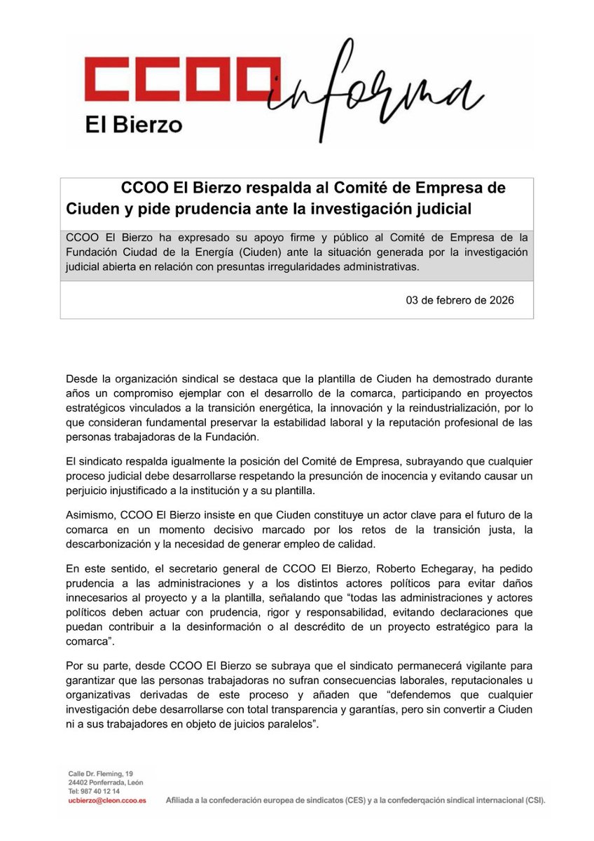 CCOOBIERZO's tweet photo. ⭕ CCOO El Bierzo respalda al Comité de Empresa de Ciuden y pide prudencia ante la investigación judicial 🏭
📝 Nota de Prensa👇🏻
#CCOO #Bierzo #Ciuden #Ponferrada #ComitéDeEmpresa #DefensaDelEmpleo https://t.co/94dJw8bqra