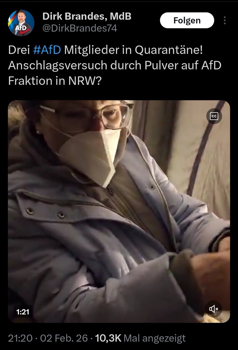 Als AfD-Wählerin sehe ich diesen Vorfall mit großer Sorge und tiefer Empörung: Drei Parteimitglieder – darunter Menschen wie Sabine Reinknecht, die sich seit Jahren ehrenamtlich einbringen – müssen nach Erhalt eines Briefs mit unbekanntem weißen Pulver in Quarantäne.

Großeinsatz