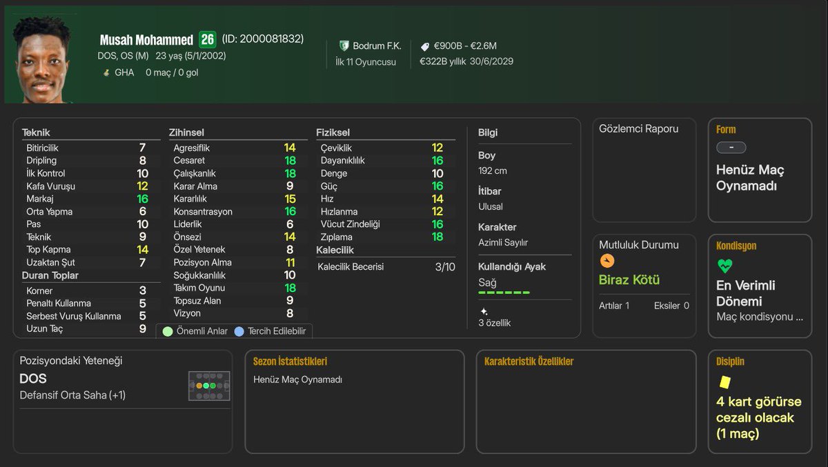 Fmgunluklerim's tweet image. Göztepe’nin Yeni Transferi Musah Mohammed’in FM26 profili.

#FM26 #Göztepe