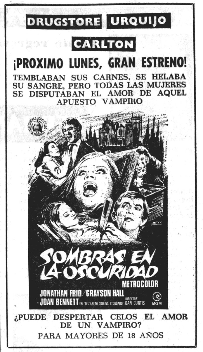 Buenos días. El 3 de febrero de 1973 se anuncia en prensa el gran estreno español (tarde, como de costumbre) de la película basada en la serie Dark Shadows. Su éxito daría lugar a una secuela estrenada un año después. #Efeméride