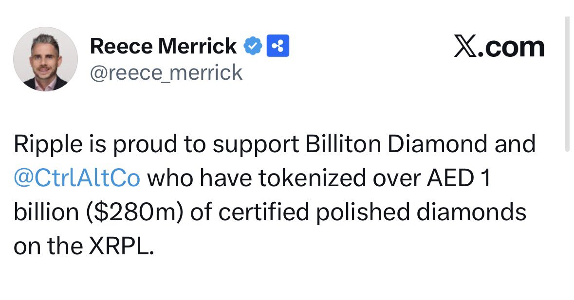 🔥 NEW: Billiton Diamond and Ctrl Alt tokenized $280M of polished diamonds in UAE using <a href="/Ripple/">Ripple</a> custody and $XRP Ledger.