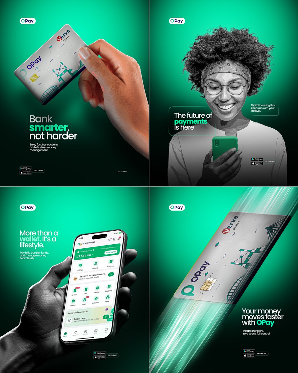 jr_graphics_1's tweet photo. Sometimes, inspiration hits when you least expect it. this designs started from simple everyday usage.

I’ve been using @OPay_NG for a long while.
And one day, a creative thought sparked.. not because their designs aren’t already good but because creativity loves fresh perspectives.

So I imagined @OPay_NG through my own lens... Calm, clean, and attention-grabbing at first glance.

Every element was placed with quiet intention, nothing loud, just serene and thoughtfully 

This wasn’t a redesign out of criticism o, It was simply my personal creative approach.

Designers see brands differently after daily use, that familiarity inspires ideas you can’t ignore.

I wanted something that feels modern yet gentle, a look that speaks softly but confidently.

If OPay ever signed me officially someday, this is the design energy to expect.

Intentional layouts, clean visuals, and meaningful details, designs that communicate value without shouting.

This piece was created calmly and thoughtfully built to grab attention at a glance.

Now I’m curious what you all think.?
No hard feelings abeg, just creative exploration.

Share your thoughts, fam, let’s talk design. 🥂🤍

#graphicdesigner #branding #uidesign #appdesign #digitaldesign
#fintechdesign #fintechbranding #productdesign #uiuxdesigner #brandidentity #opaydesign #fintechafrica #naijafintech #bankingappdesign #africandesigner #adobephotoshop