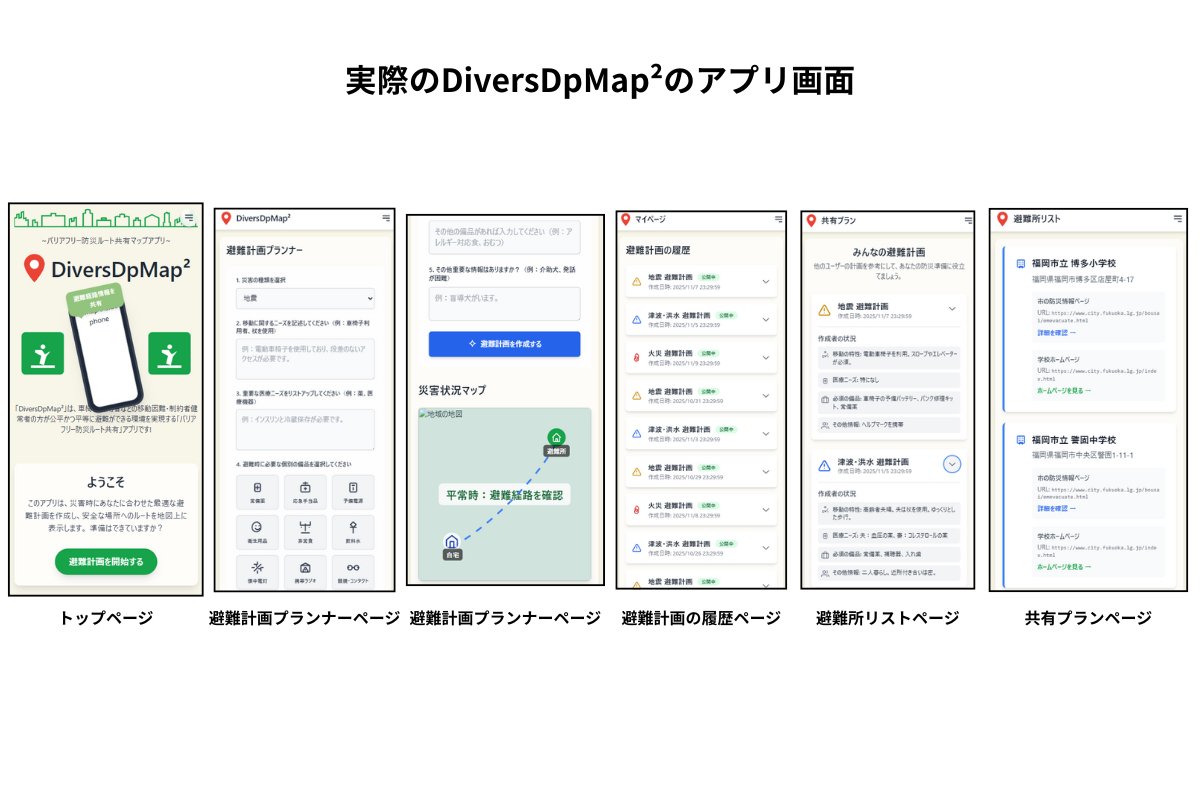 geo_contest's tweet photo. ■作品内容：DiversDpMap²は、移動困難者向けのバリアフリー防災ルート共有アプリです。居場所通知、障害に応じた安全ルート提供、垂直避難アラート、避難所情報共有により、全ての人が公平に避難できる社会を実現します。 https://t.co/GqUbnqQeOI