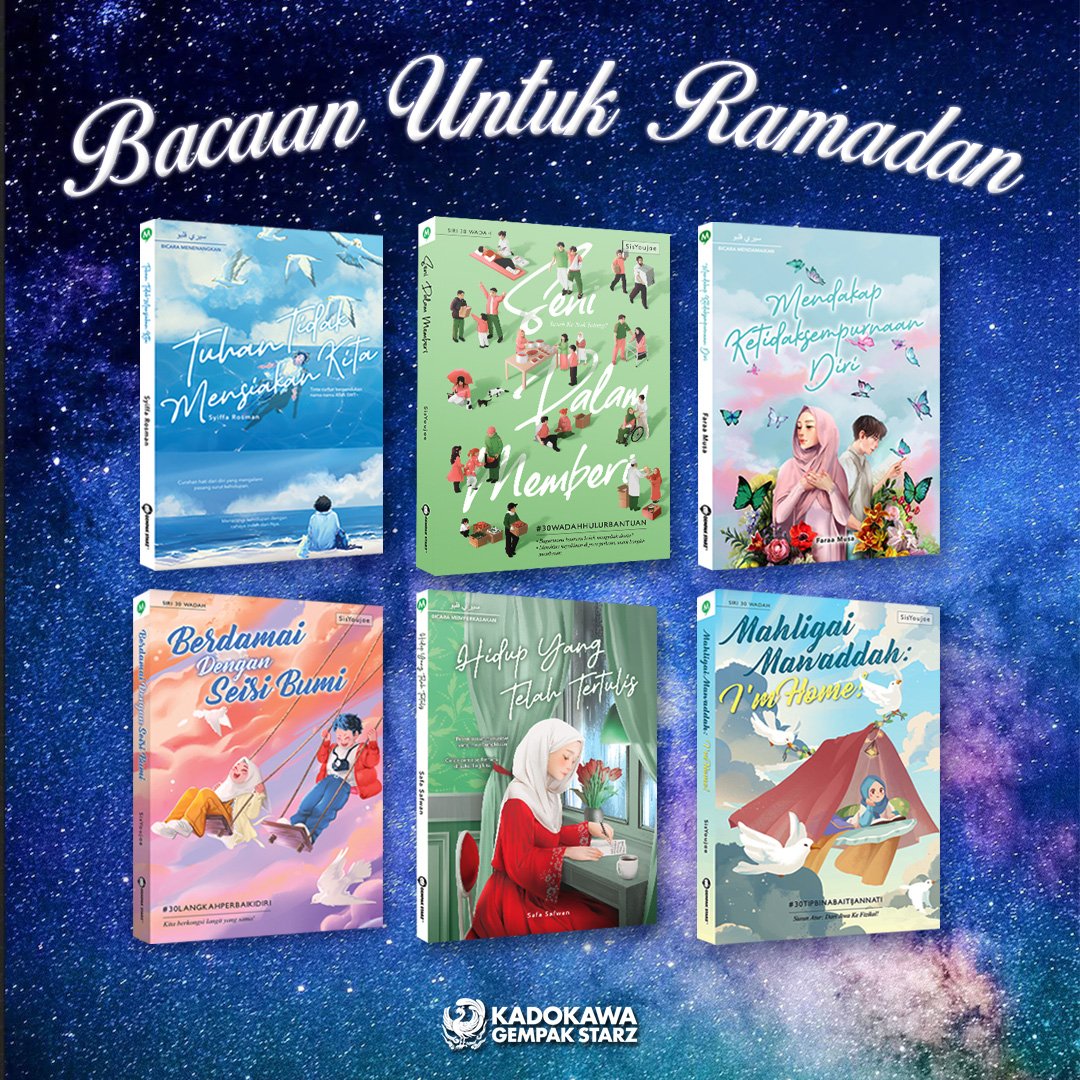 KGSWadah's tweet photo. Cadangan buku untuk Ramadan? 🤩
Sis nak cadangkan semua! Bagi separuh-separuh 😌

☁️Tuhan Tidak Mensiakan Kita - @ElloSyippy 
🫶Seni Dalam Memberi
🫂Mendakap Ketidaksempurnaan Diri
🌎Berdamai Dengan Seisi Bumi
🌹Hidup Yang Telah Tertulis - @SafawatiSafwan 
🏡Mahligai Mawaddah https://t.co/lGNXBroUBy