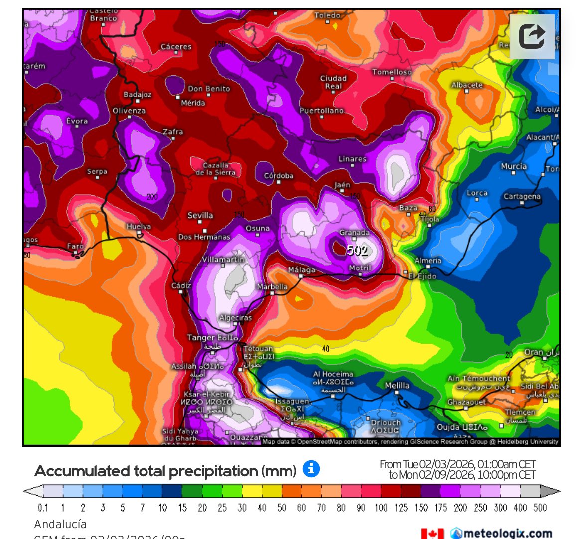 MeteoGuadalh's tweet photo. 🆕Modelo Canadiense
👉Acumulados EXTRAORDINARIO en #Grazalema y #Granada 🚨
⚠️El circulo de precipitaciones intensas, este modelo aumenta más significantes, por ende, más precipitaciones🤯
‼️Mantenemos vigilada a Granada https://t.co/Ozxr4RnR39