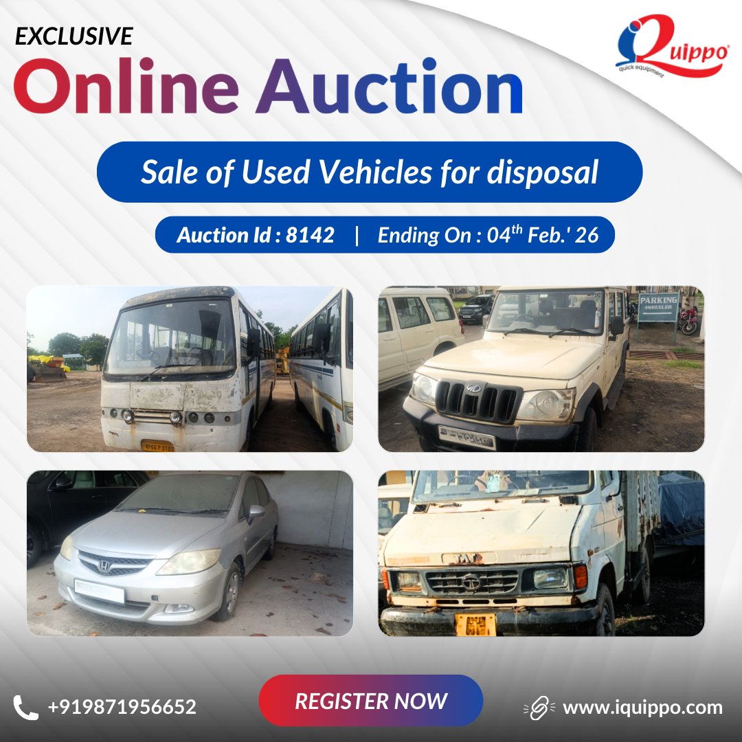 IQuippo's tweet photo. Auction Alert // Sale of Used Vehicles for Disposal
🕒 Start: 04th February 2026 | 02:30 PM
⏳ Closing From: 04th February 2026 | 04:30 PM
🔗 Bid Now: https://t.co/H6iSBfx6tH
📞 Call: +91 9871956652
#iQuippo #UsedVehicles #VehicleAuction #DisposalSale #OnlineAuction https://t.co/MkonaXbDvY