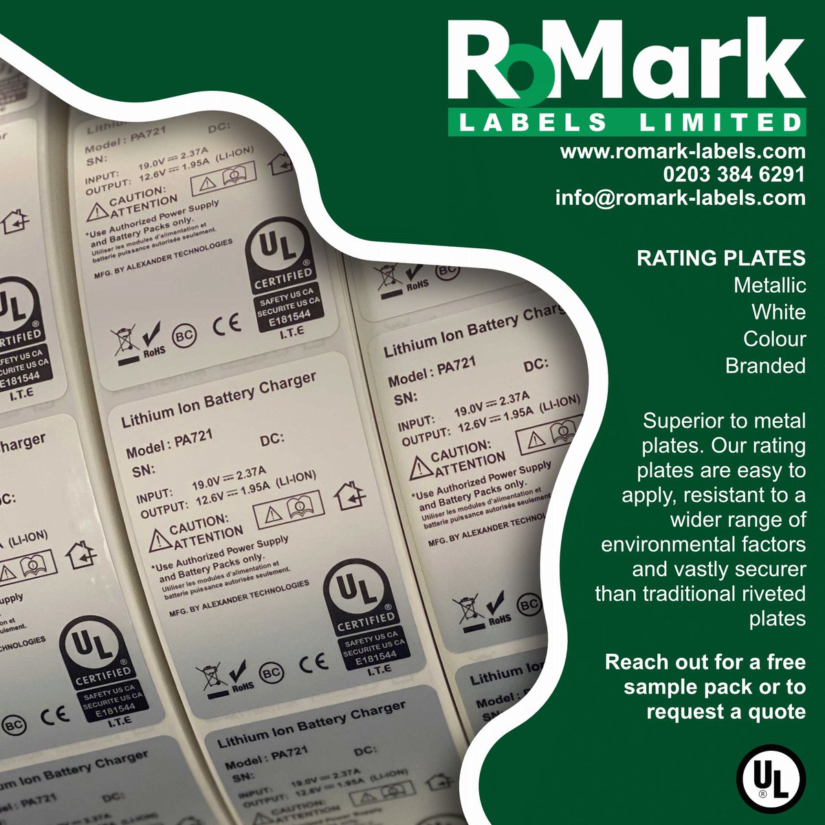 LabelsRomark's tweet photo. Our Rating Plates offer a modern, secure alternative to metal plates — available in metallic, white, colour, or fully branded finishes.
✔ Easy to apply
✔ Weather &amp; chemical resistant
✔ Highly secure
Request a free sample or quote:
🌐 https://t.co/xiyzhAFcIg | 📞 0203 384 6291 https://t.co/BZOFZWZGXi