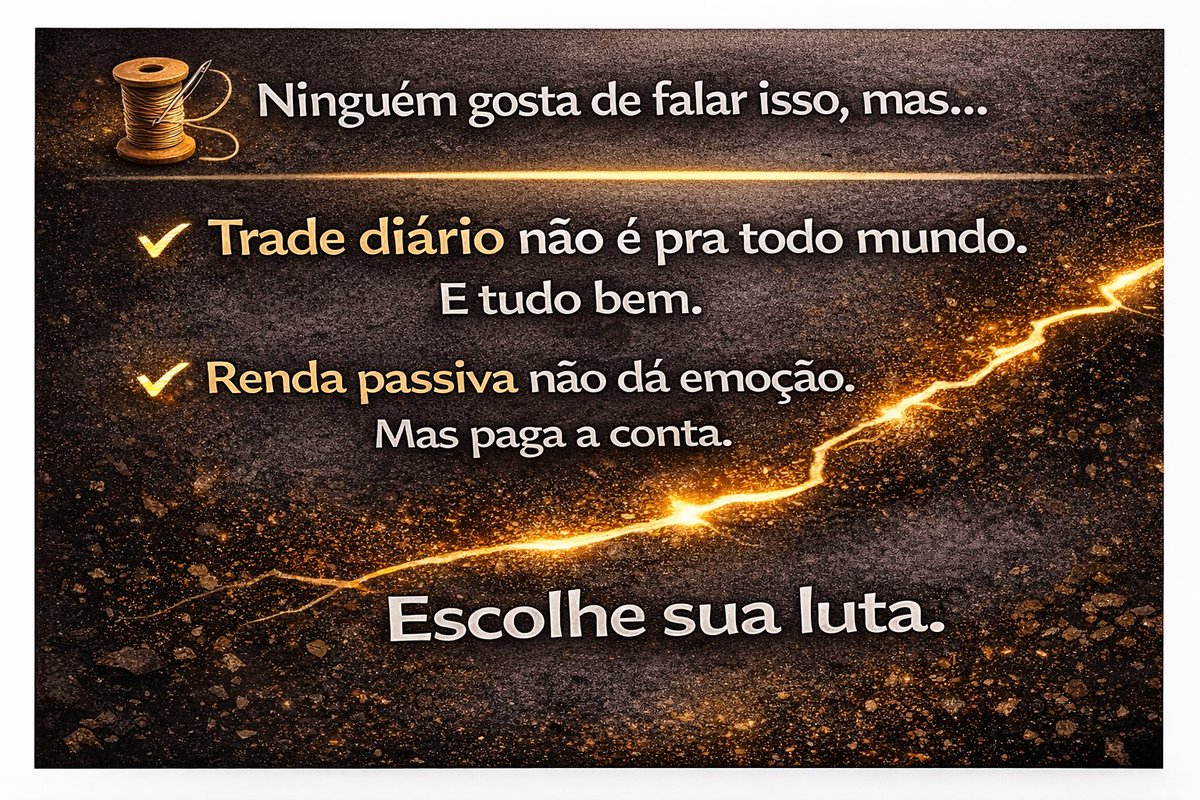 devin00800's tweet photo. Tweet 1： 
🧵 Ninguém gosta de falar isso, mas…  

Tweet 2： 
Trade diário não é pra todo mundo. 
E tudo bem.  

Tweet 3： 
Renda passiva não dá emoção. 
Mas paga a conta.  

Tweet 4： Escolhe sua luta. https://t.co/ln2k25GK0U
