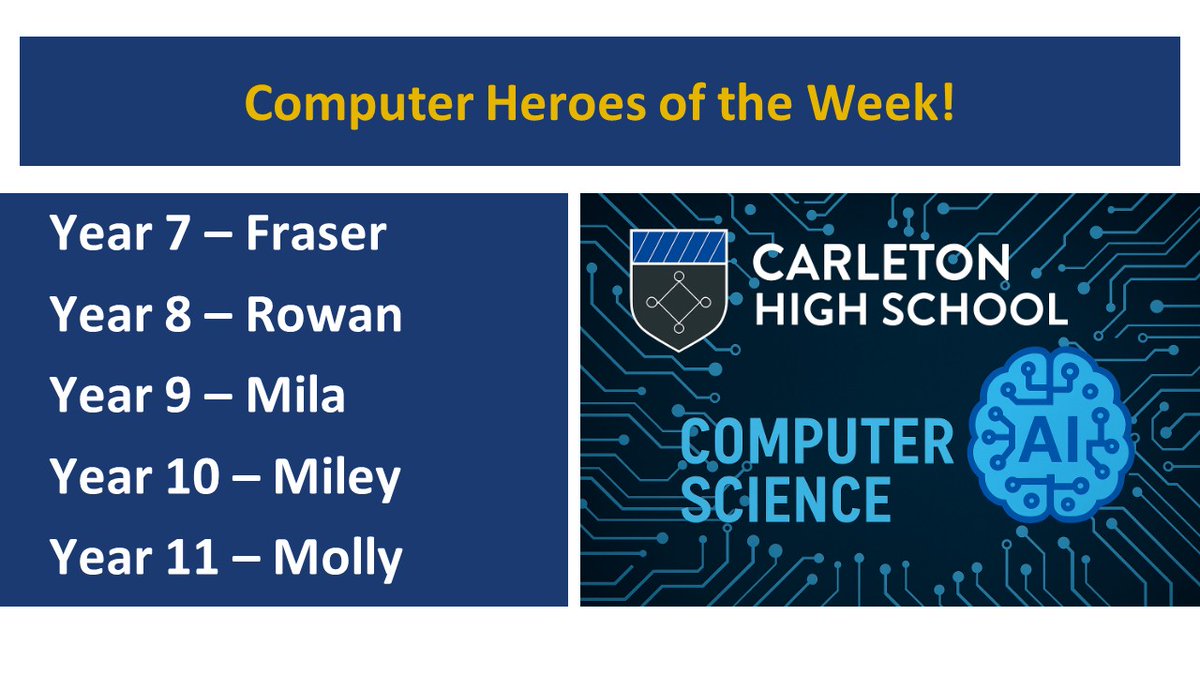 PATCarletonHigh's tweet photo. A shout out from Mr Todd for this week's #ComputerHeroes - well done on all your hard work in #ComputerScience! https://t.co/vxXDvuV1U9