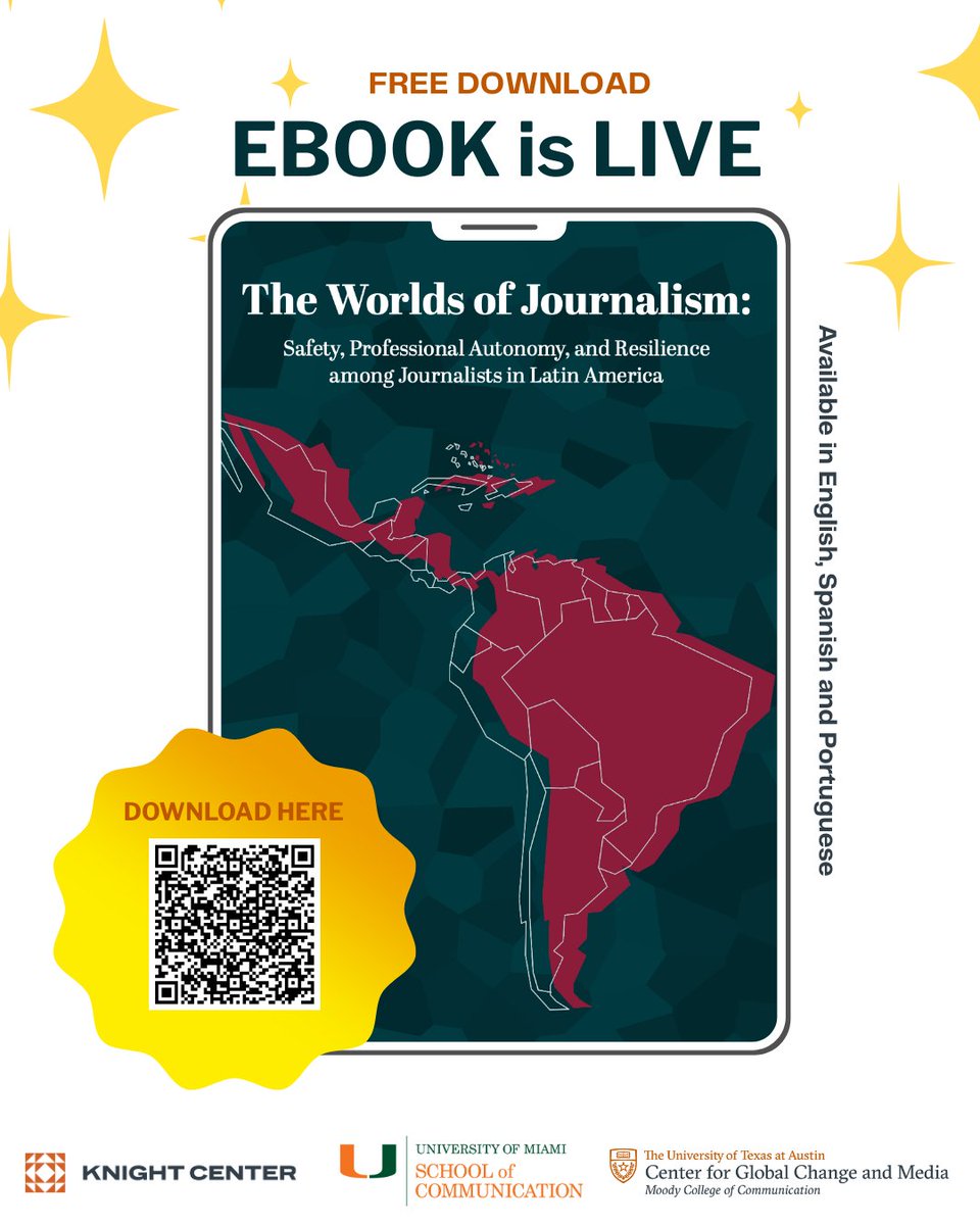 KnightCenterUT's tweet photo. 📣 EBOOK is LIVE!
Our new #ebook ‘The Worlds of Journalism: Safety, Professional Autonomy, and Resilience among Journalists in Latin America’ is now LIVE!
👉 Download now: https://t.co/ZR6B6ebFdf https://t.co/wea41snRlS