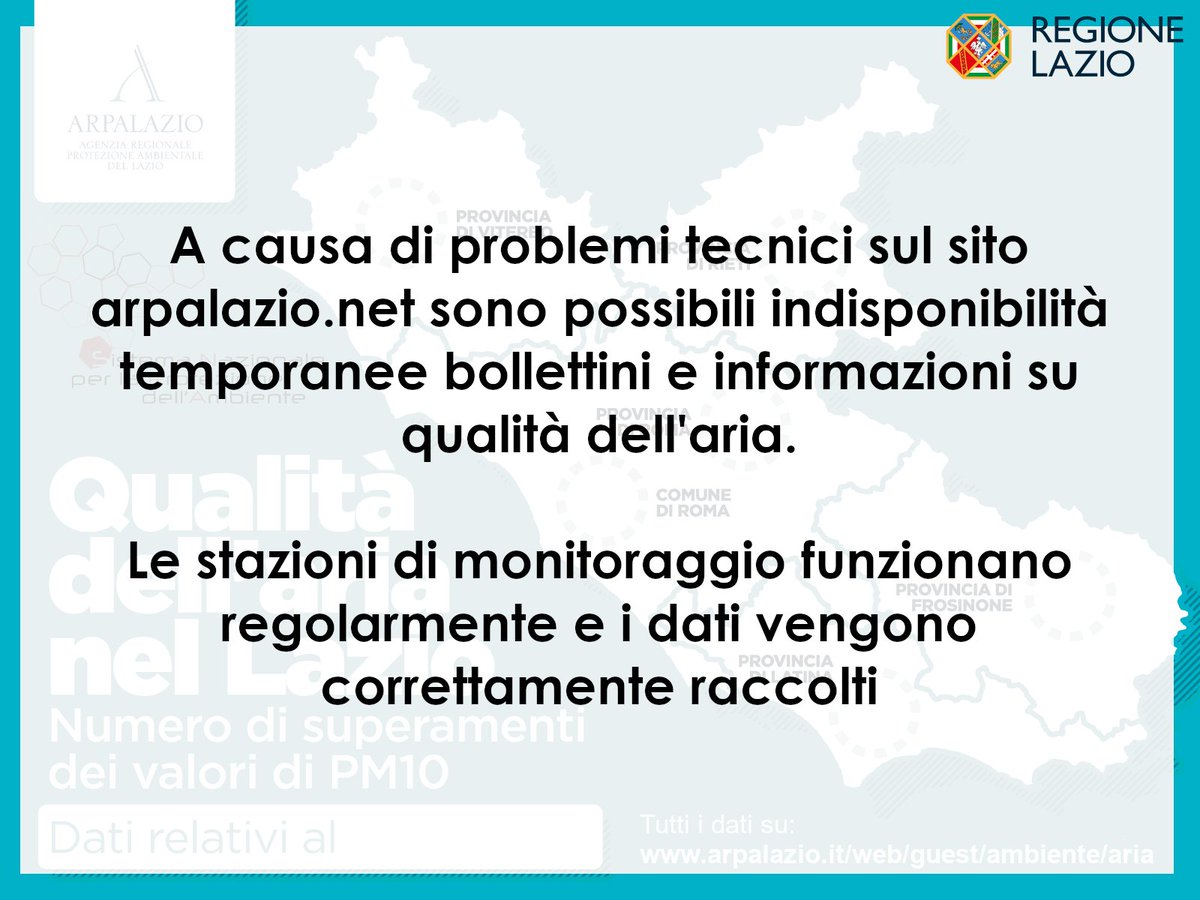 Per problemi tecnici sul sito, ci sono difficoltà temporanee nella visualizzazione di informazioni e bollettini quotidiani sulla qualità dell'aria; i dati vengono comunque regolarmente registrati dalle stazioni e acquisiti dal sistema modellistico:
arpalazio.it/news/-/asset_p…